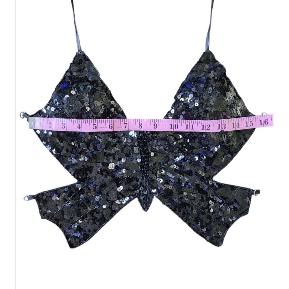 Black Sequin Butterfly Bra Top Beaded Festival Rave Belly Dance Open Back OS - Picture 7 of 8